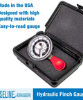 Baseline Hydraulic Pinch Gauge 50lb Capacity Hand Therapy Equipment Finger Strength Tester in its case for easy storage.