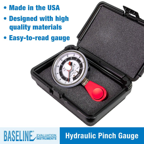 Baseline Hydraulic Pinch Gauge 50lb Capacity Hand Therapy Equipment Finger Strength Tester in its case for easy storage.
