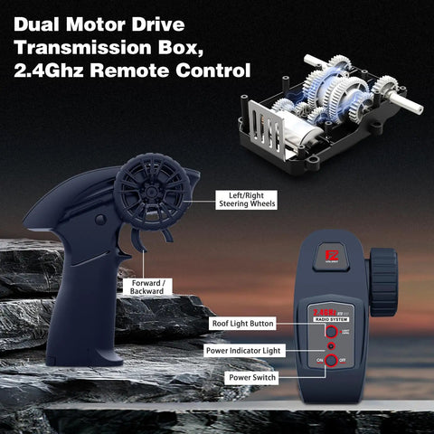 Dual motor drive transmission box and 2.4GHz remote for One Sixteen Scale RC Tank Car With 2.4GHz Remote, Off Road Tracked Vehicle.