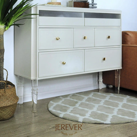 12 Inch Acrylic Furniture Legs Set Of 4 For Cabinets TV Stands Benches And More Slick Modern Clear Design With Gold Feet Sturdy Replacement Legs For DIY Projects And Home Makeovers on white dresser