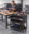 3 Tier Rolling Tool Cart With Lockable Drawer And Pegboard Hooks, Built Tough Heavy Duty Metal Utility Cart On Wheels For Garage, Workshop And Warehouse Organization in workshop