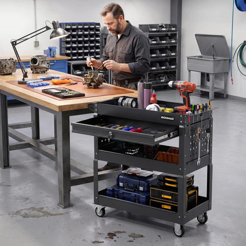 3 Tier Rolling Tool Cart With Lockable Drawer And Pegboard Hooks, Built Tough Heavy Duty Metal Utility Cart On Wheels For Garage, Workshop And Warehouse Organization in workshop