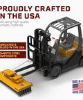 60 Inch Forklift Broom Attachment Heavy Duty Industrial Sweeper with 6 Row Polypropylene Bristles on a forklift, made in USA.