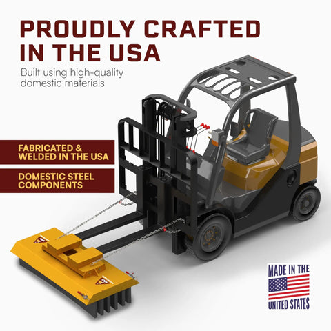 60 Inch Forklift Broom Attachment Heavy Duty Industrial Sweeper with 6 Row Polypropylene Bristles on a forklift, made in USA.