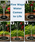 Six Point Three Inch Solar Bird Bath Fountain With Battery And Color Changing Led Lights and five nozzles in garden setting