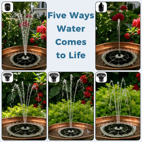 Six Point Three Inch Solar Bird Bath Fountain With Battery And Color Changing Led Lights and five nozzles in garden setting
