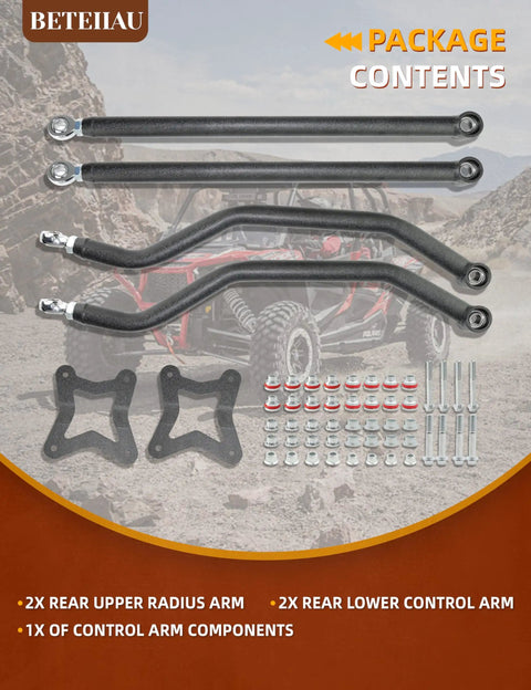 High Clearance Boxed Rear Radius Arms Kit for 2014 and Up RZR XP 1000 and XP 4 1000, Beefy Heavy Duty Adjustable Heim Joint Rear Radius Rods, Bolt On Steel Suspension Upgrade, Wrinkle Black Finish, package contents