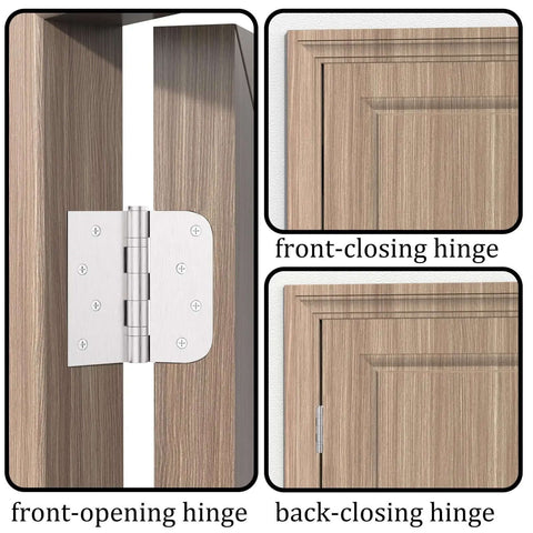 Three Pack 4 Inch Stainless Steel Door Hinges With Ball Bearings Heavy Duty Removable Pin Square Rounded Five Eighths Radius Corner installed on wooden door