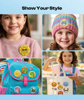 Children displaying badges made with 200 PCS 32mm Button Maker Supplies Kit With Metal Blanks, Pin Backs, Mylar Films.