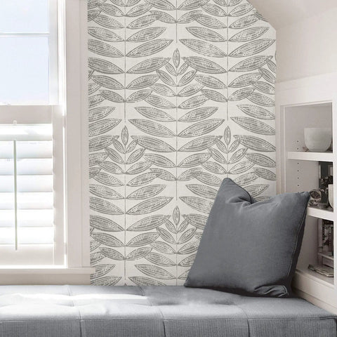 Grey Terrain Botanical Peel And Stick Wallpaper With Scandinavian Influence on accent wall behind sofa, NUS3263