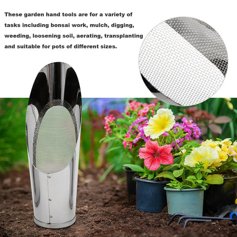 Three Size Bonsai Soil Scoops Set For Transplanting And Potting Plants Workhorse Metal Spade Shovels with flowers in garden