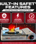 Built-in safety features of Dual Fuel Camp Stove with 4x 8oz Butane Canisters and Piezo Ignition displayed.