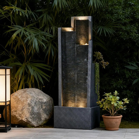 Modern Outdoor Water Fountain With LED Lights, 49.6 Inch Cascading Waterfall For Indoor Or Outdoor Use, Chill Garden Vibes.