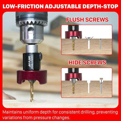 Image of Straight Ahead Heavy Hitter 3/8 Shank Carbide Tipped Countersink Drill Bit demonstrating low-friction adjustable depth stop.