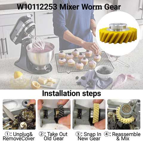 2 Pack Mixer Worm Gear And 4 Pack Carbon Brushes Replacement Kit For Stand Mixers No More Grinding Noise And Improve Performance For Whirlpool KitchenAid 5K5SS KSM150 Models AP4295669 4162897 4169830