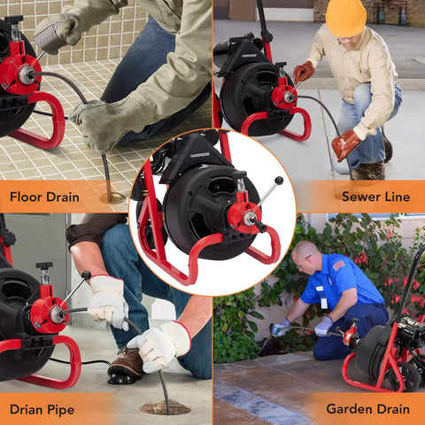 100Ft Electric Drain Cleaner Machine With Auto Feed Direction Control Sewer Snake And Heavy Duty Pro Grade Auger using for floor drain, sewer line, and garden drain.