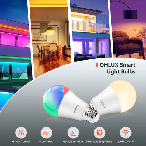 Smart WiFi And Bluetooth Color Changing LED Bulbs With Music Sync, 10W (100W Equivalent), A19 E26 900LM, showing mood lighting options