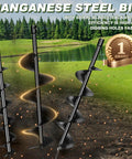 Manganese steel auger bit with spiral blades from 72cc Two Stroke Gas Powered Auger Post Hole Digger Kit With 3 Drill Bits 4 Inch 6 Inch 8 Inch And 3 Extension Rods 8 Inch 12 Inch 20 Inch For Fence Posts Garden And Farm Jobs Easy Two Person Start Heavy Duty Power displayed on a grassy landscape background.