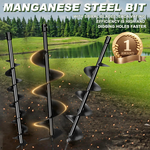 Manganese steel auger bit with spiral blades from 72cc Two Stroke Gas Powered Auger Post Hole Digger Kit With 3 Drill Bits 4 Inch 6 Inch 8 Inch And 3 Extension Rods 8 Inch 12 Inch 20 Inch For Fence Posts Garden And Farm Jobs Easy Two Person Start Heavy Duty Power displayed on a grassy landscape background.
