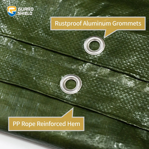 Close-up of Green Waterproof Tarp 16x20 Feet Heavy Duty All Purpose Poly Cover With 7 Mil Thickness, showing aluminum grommets
