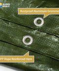 Close-up of Green Waterproof Tarp 20x25 Feet 7 Mil Medium Duty All Purpose Poly Tarp With Heat Sealed Seams Rope Hem