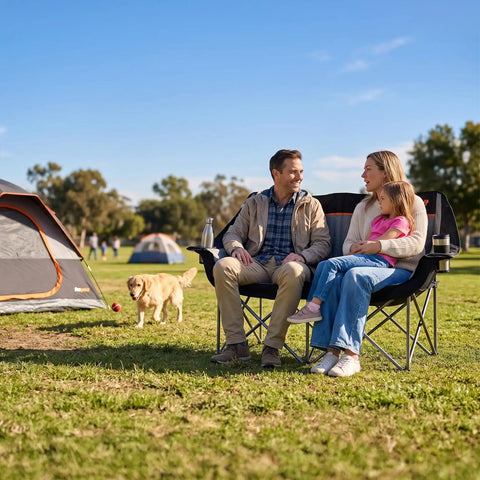 Heavy Duty Double Camping Chair For Two Adults 650 Lbs Capacity Fully Padded Loveseat Folding Outdoor Chair With Arm Cup Holder