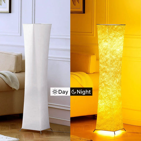 Day and night view of Tall Dimmable Floor Lamp with 52 Inch Frame, 3 Brightness Levels, 2400LM, white fabric shade
