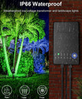 Waterproof transformer from the All-In-One RGBW Landscape Lighting Kit With 8 Color Changing 5W Low Voltage LED Spotlights 60W Transformer 80Ft Wire Multi-Color Outdoor Yard Garden House Lights For Holidays And Outdoor Entertaining in rainy garden setting