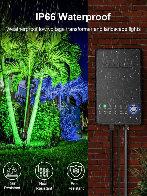 Waterproof transformer from the All-In-One RGBW Landscape Lighting Kit With 8 Color Changing 5W Low Voltage LED Spotlights 60W Transformer 80Ft Wire Multi-Color Outdoor Yard Garden House Lights For Holidays And Outdoor Entertaining in rainy garden setting
