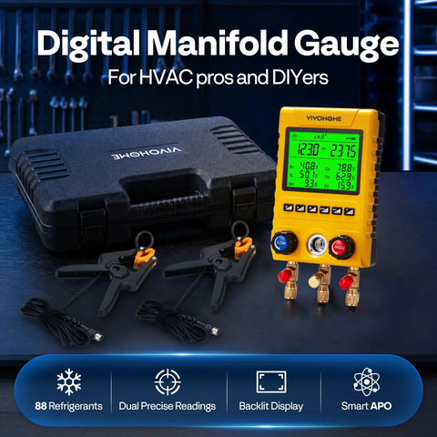 Digital HVAC Manifold Gauge Kit With 2 Wired Temperature Probes For Real Time Pressure, Temperature, Vacuum And Leak Checks, 88 Refrigerants Including R22 R410A R32 R454B With A2L Safety Alert, Superheat And Subcooling Readouts For Residential, Central, with case and probes