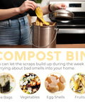 Person using Countertop Compost Bin For Kitchen One Point Three Gallon Odor Free Indoor Bin With Carbon Filters And Lid Stainless Steel Kitchen Composter For Food Scraps And Waste Recycling Keepin It Fresh at kitchen counter.