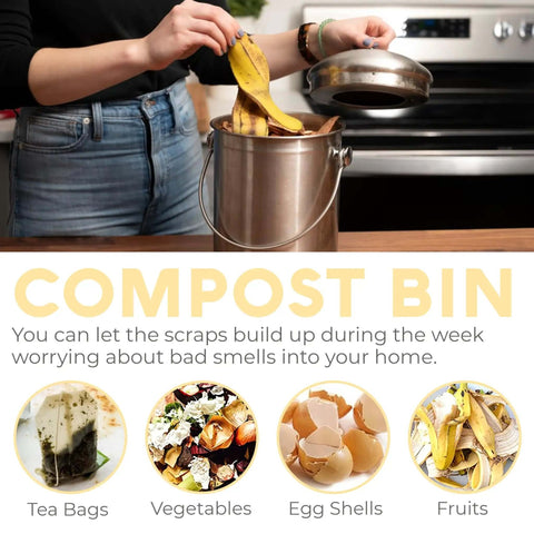 Person using Countertop Compost Bin For Kitchen One Point Three Gallon Odor Free Indoor Bin With Carbon Filters And Lid Stainless Steel Kitchen Composter For Food Scraps And Waste Recycling Keepin It Fresh at kitchen counter.