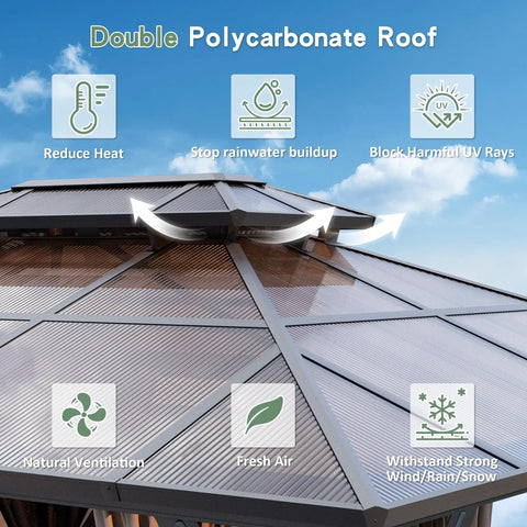 10x12 Ft Hardtop Gazebo With Aluminum Frame And Polycarbonate Roof close-up showing roof benefits and structure.