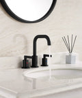 Matte Black 8 Inch Widespread Bathroom Sink Faucet With Pop Up Drain Modern High Arc Two Handle Vanity Faucet in use
