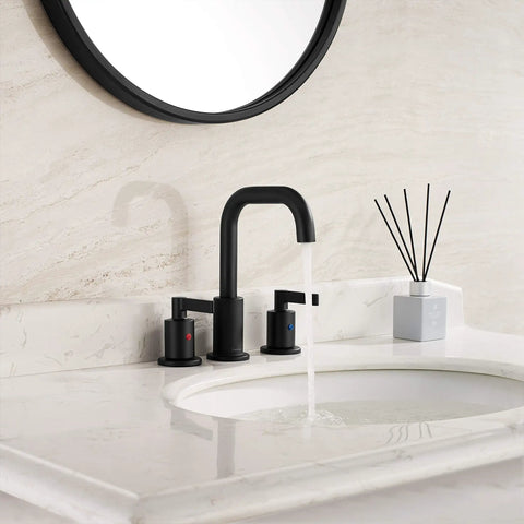 Matte Black 8 Inch Widespread Bathroom Sink Faucet With Pop Up Drain Modern High Arc Two Handle Vanity Faucet in use