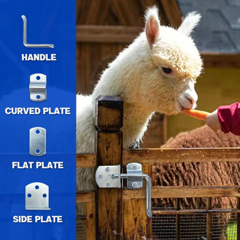 Top Shelf Galvanized Steel Trailer Gate Latch Hardware Four Piece Set With Curved Plates Handles And Side Brackets displayed with fencing.