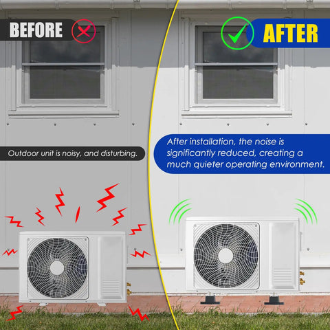 Heavy Duty Rubber Vibration Isolator Mounts Solid As A Rock Air Conditioner Brackets Cut The Chatter Mini Split Condenser Shock Absorbing Pads For Indoor And Outdoor Units Eight Piece Pack showing noise reduction before and after installation.