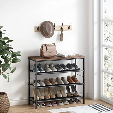 Four Tier Metal Shoe Rack Organizer With Industrial MDF Top Board And Layered Fabric Shelves For Entryway Closet Bedroom Living Room Or Garage Black And Rustic Brown with shoes organized
