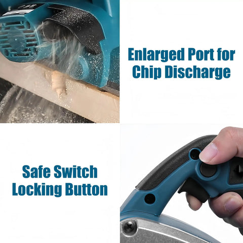 Heavy Duty Cordless Electric Hand Planer, 850W Brushless Wood Plane showing enlarged chip discharge port and locking switch.