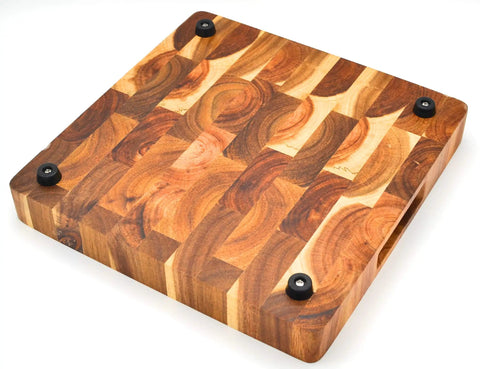 Wooden cutting board with non slip rubber feet for cutting boards with stainless screws 12 pack, installed on surface.