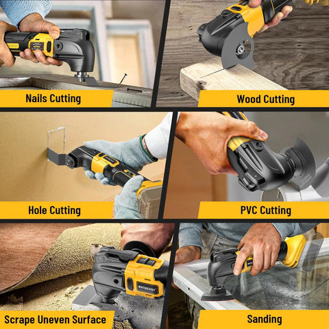 Various uses of Cordless Oscillating Multi Tool 20V Brushless Power Tool For Wood Metal And Drywall Cutting 6 Speed Levels