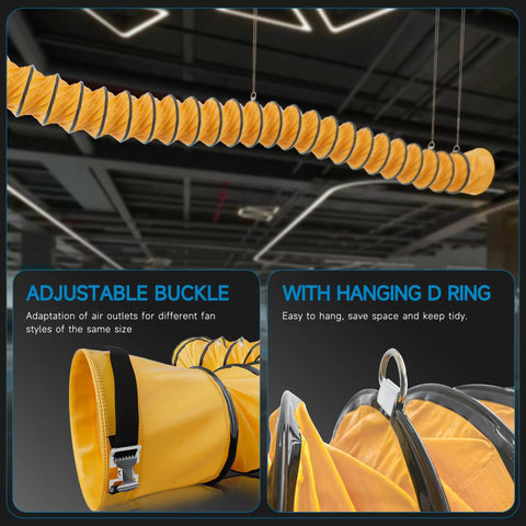8 Inch PVC Flexible Duct With 25 Feet Length Adjustable Rope And D Shaped Rings For Easy Free Hanging And Utility Blower Exhaust Fan Support No Hassle Fire Resistant Heavy Duty Tape And Vinyl Braided Polyester Construction