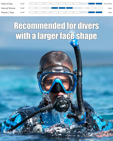 Diver wearing Freedom HD Scuba Mask With Ultra Wide 180-Degree View, Rotational Buckle System in blue water