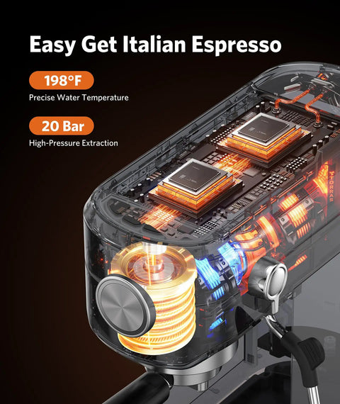 Close-up of Heavy Duty 20 Bar Espresso Machine Boasts Pro Steam Frother and Brushed Stainless Body, showcasing detailed internal components.