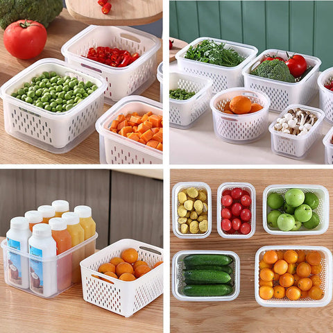 Three Pack Fridge Storage Containers With Lids And Strainer Basket That Keeps Fruits Vegetables Berry And Meat Fresh Longer BPA Free