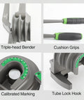 Heavy Duty Three In One Tubing Bender For HVAC Techs showing triple-head bender, cushioned grips, calibrated markings, and tube lock hook.