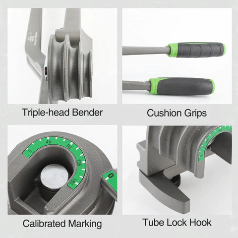 Heavy Duty Three In One Tubing Bender For HVAC Techs showing triple-head bender, cushioned grips, calibrated markings, and tube lock hook.
