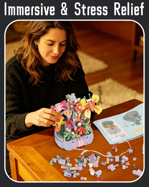 Dope Flower Building Blocks Kit For Adults Women With Artificial Flowers Craft Set Featuring A Butterfly Wishing Tree Design For Creative Botanical Decor And Dual Purpose Garden Style Build woman assembling ABS flower tree on table