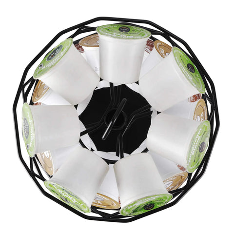 Top view of K Cup Holder Carousel 3 Tier For Keurig Pods Storage Stand Metal Small Footprint 7.4 Inch Wide With 360 Degree Rotation