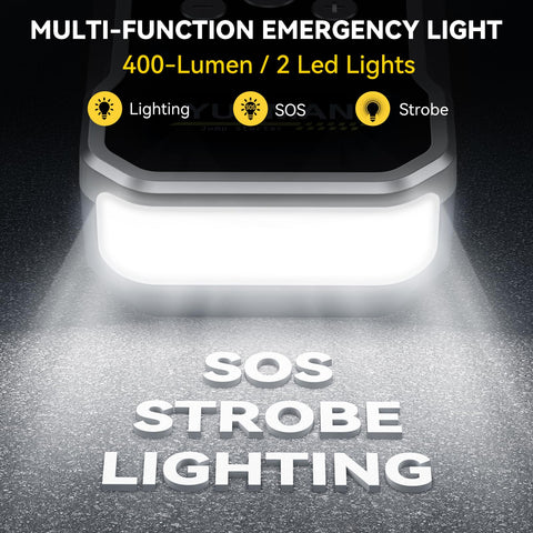 Beast 8000A Jump Starter with multi-function 400-lumen LED lights showcasing lighting modes: SOS, strobe, regular lighting.